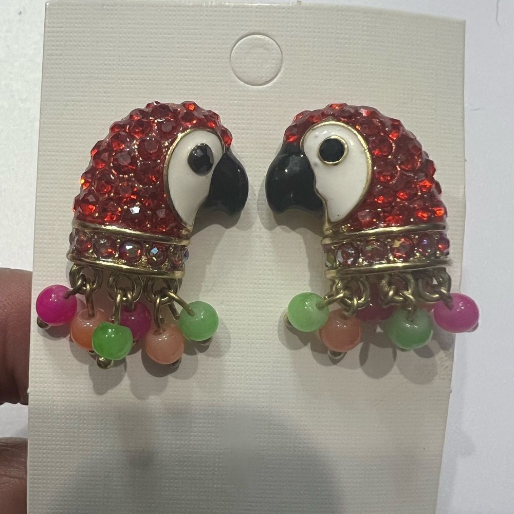 Betsey Johnson Tropical Punch Red Crystal Parrot Bird Head Shaky Bead Earrings